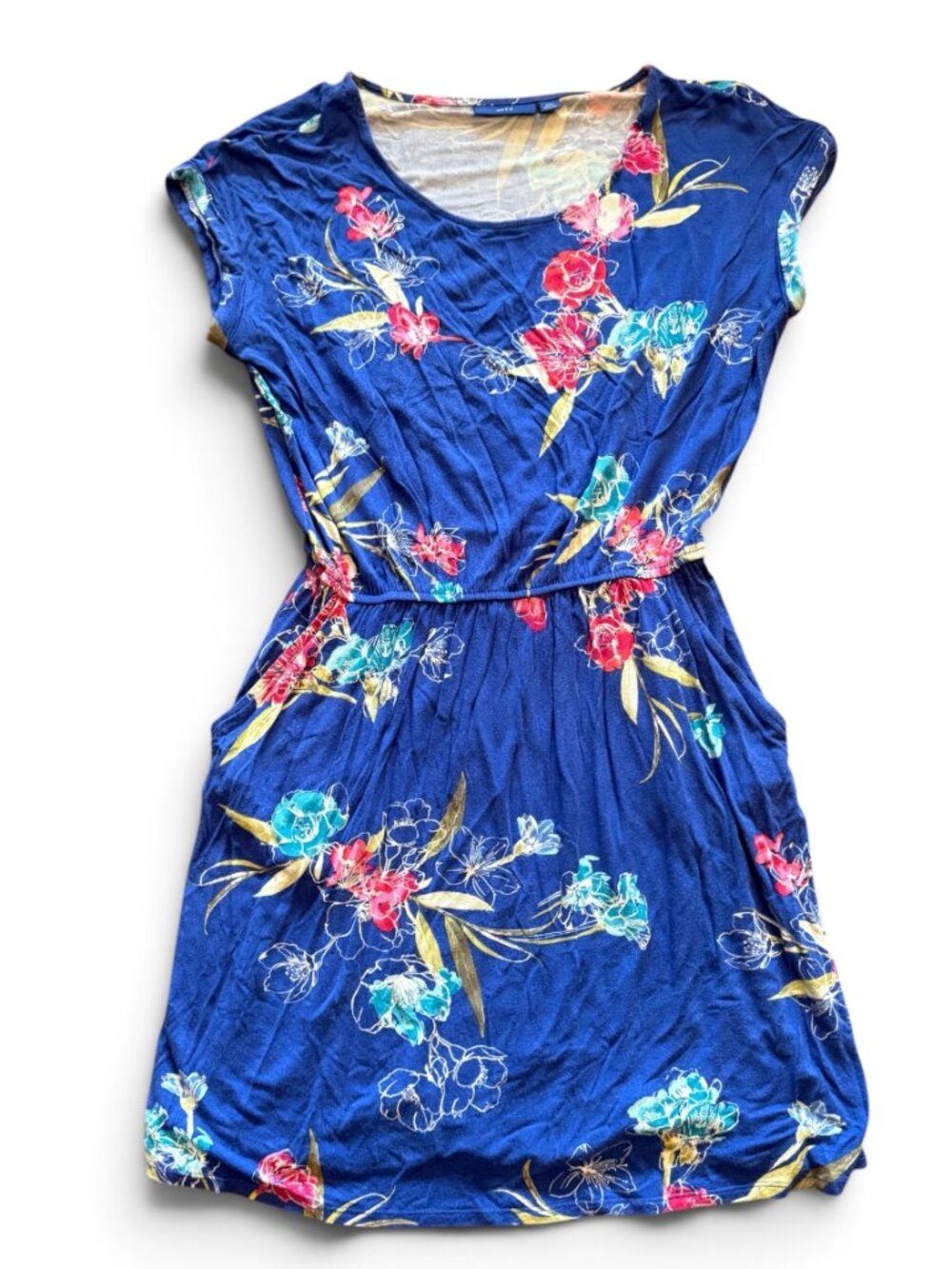 APT. 9 Navy Blue Floral Dress PM Petite Medium Ruched Waist Pockets